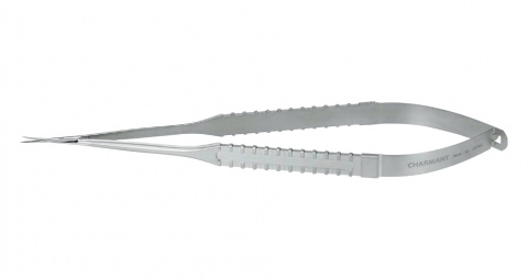 Микроножницы с прямой ручкой, острым кончиком, плоским лезвием 15,3 мм, изогнутые вправо, общ. длина 180 мм